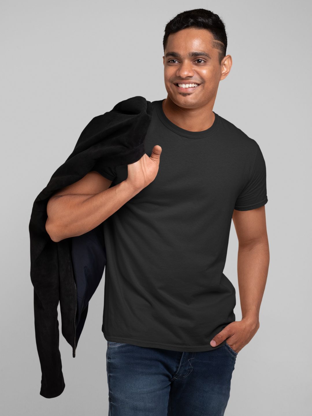 Black Men's Round Neck Half Sleeves Plain T-shirt -