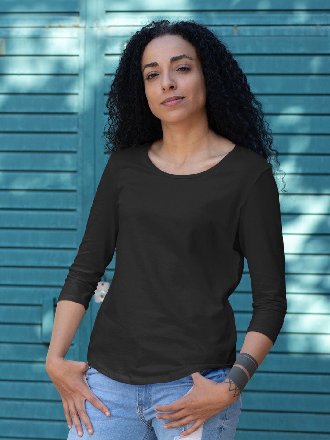 Black Women's 3/4th Sleeves Plain T-shirt -