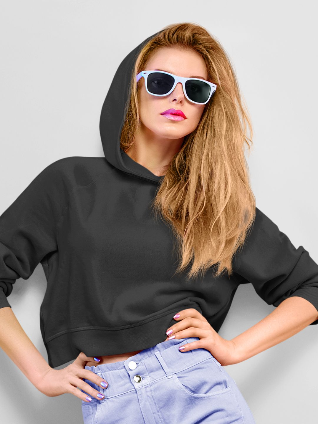 Black Women's Plain Crop Hoodie -