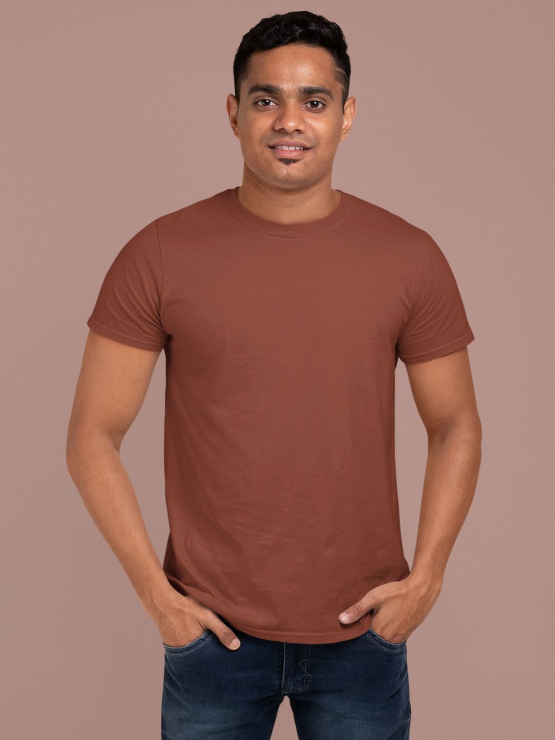 Brick Red Men’s Round Neck Half Sleeves Plain T-shirt -