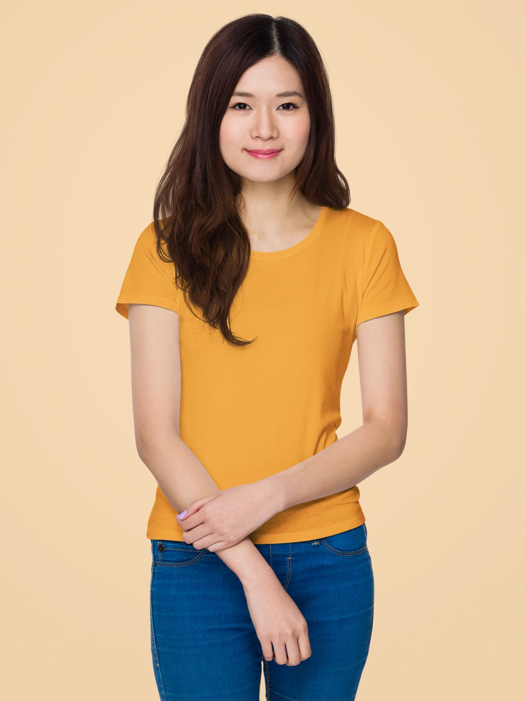 Golden Yellow Women’s Round Neck Half Sleeves Plain T-shirt -