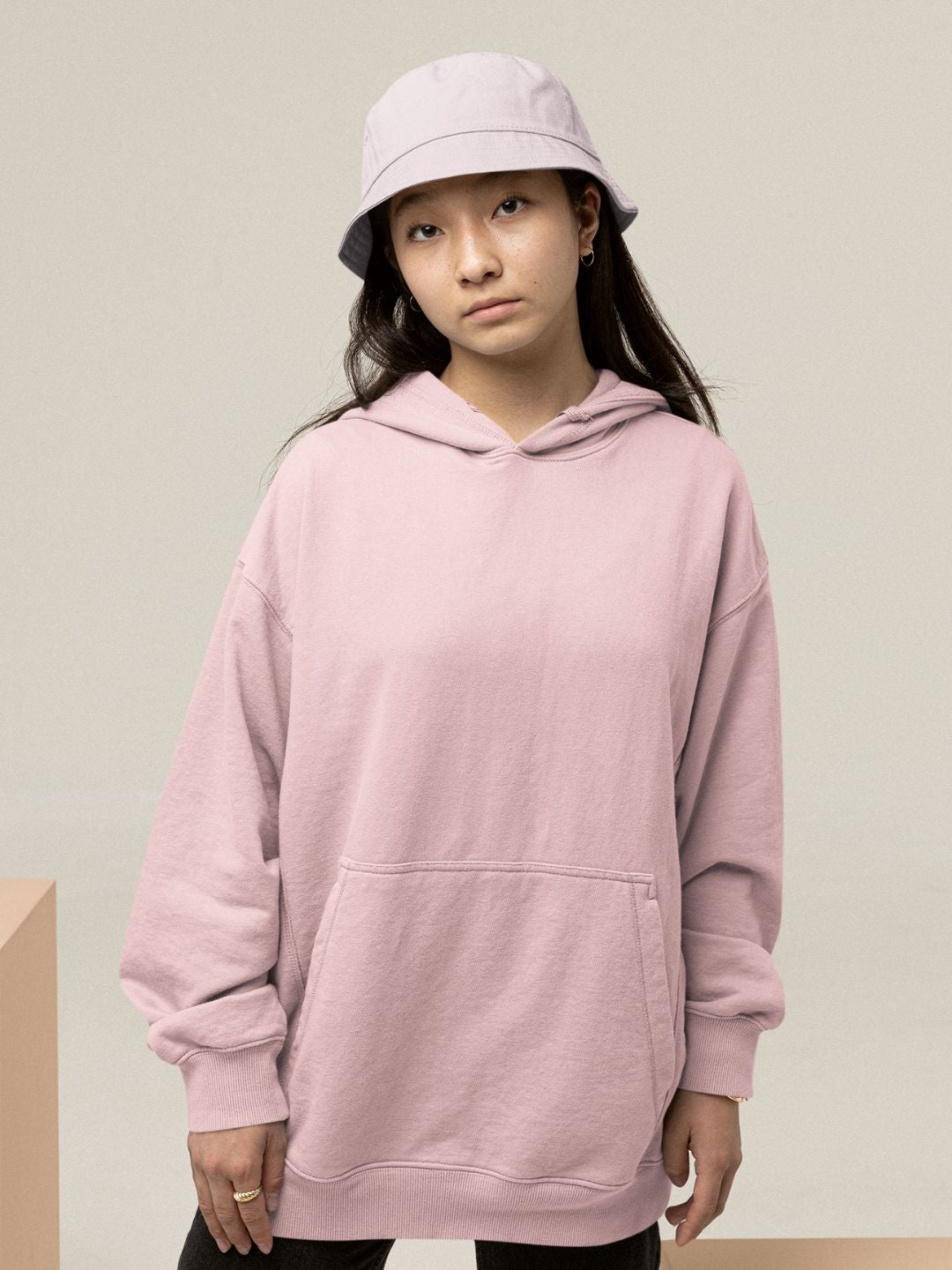 Light Pink Unisex Plain Oversized Hooded Sweatshirt -