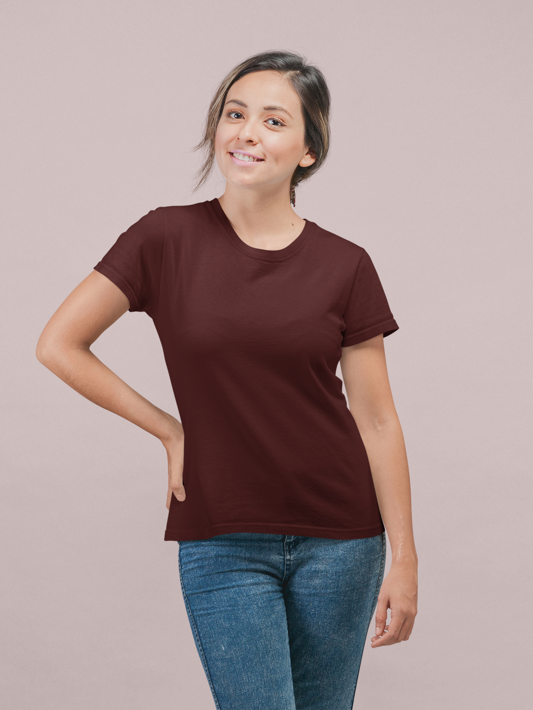 Maroon Women's Round Neck Half Sleeves Plain T-shirt -