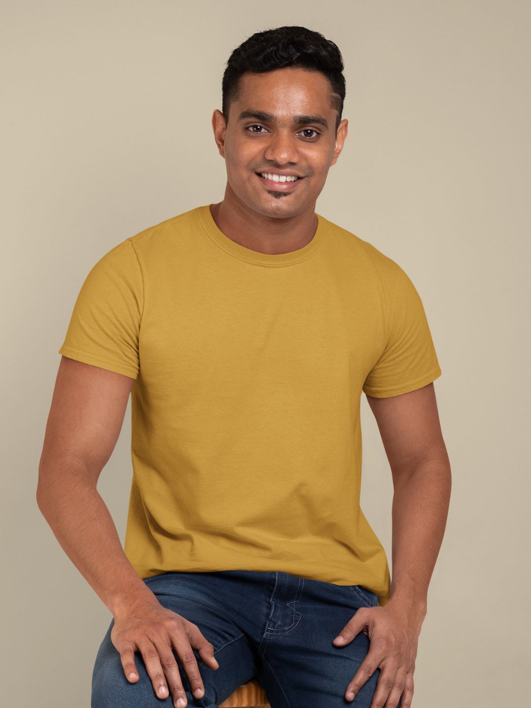 Mustard Yellow Men’s Round Neck Half Sleeves Plain T-shirt -