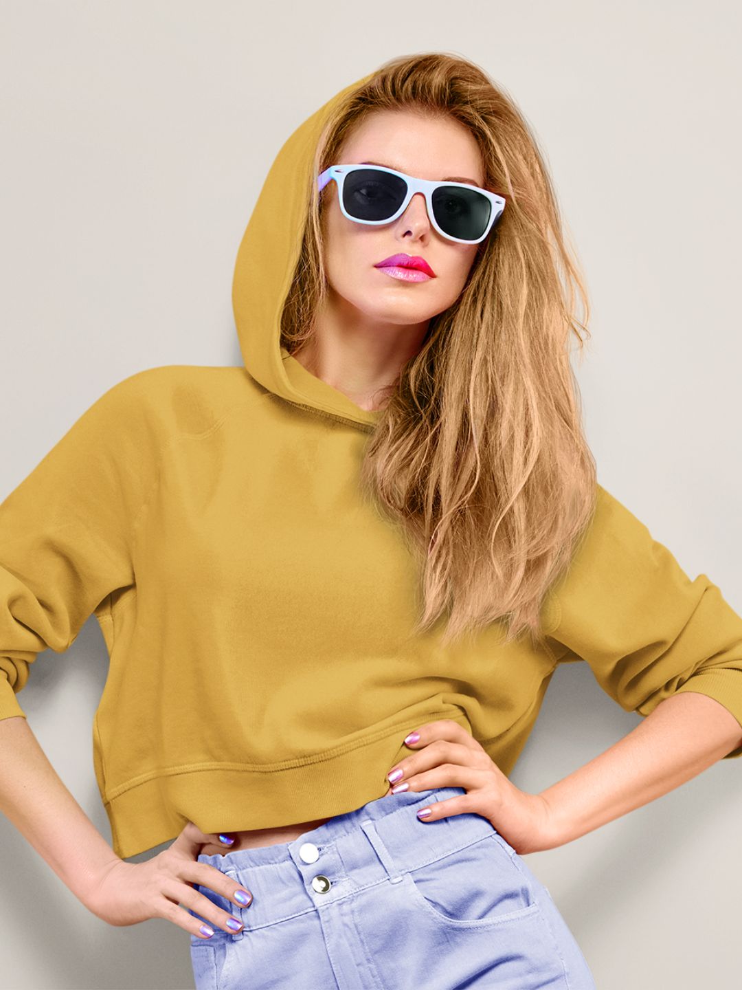 Mustard Yellow Women's Plain Crop Hoodie -