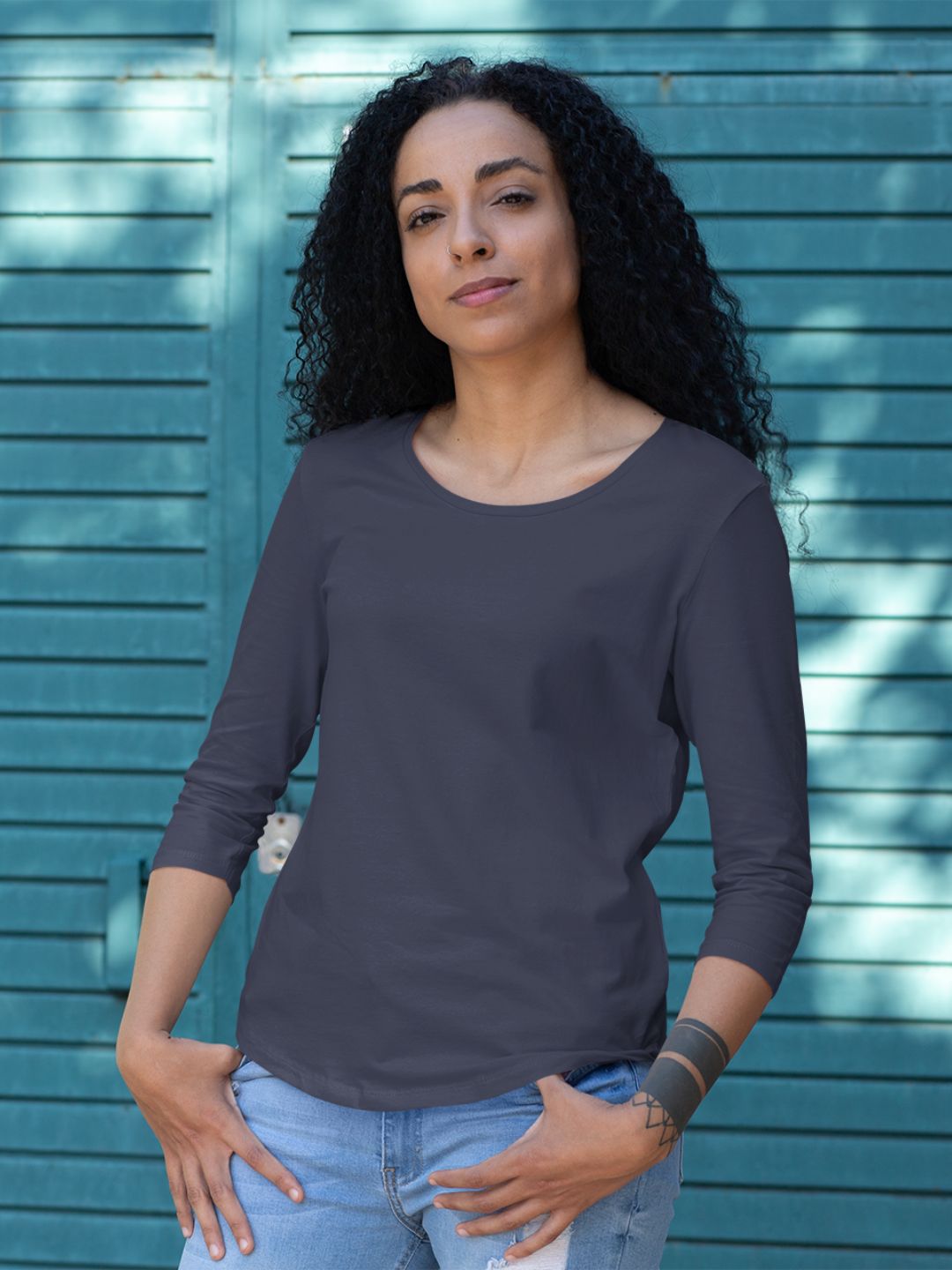 Navy Blue Women's 3/4th Sleeves Plain T-Shirt -