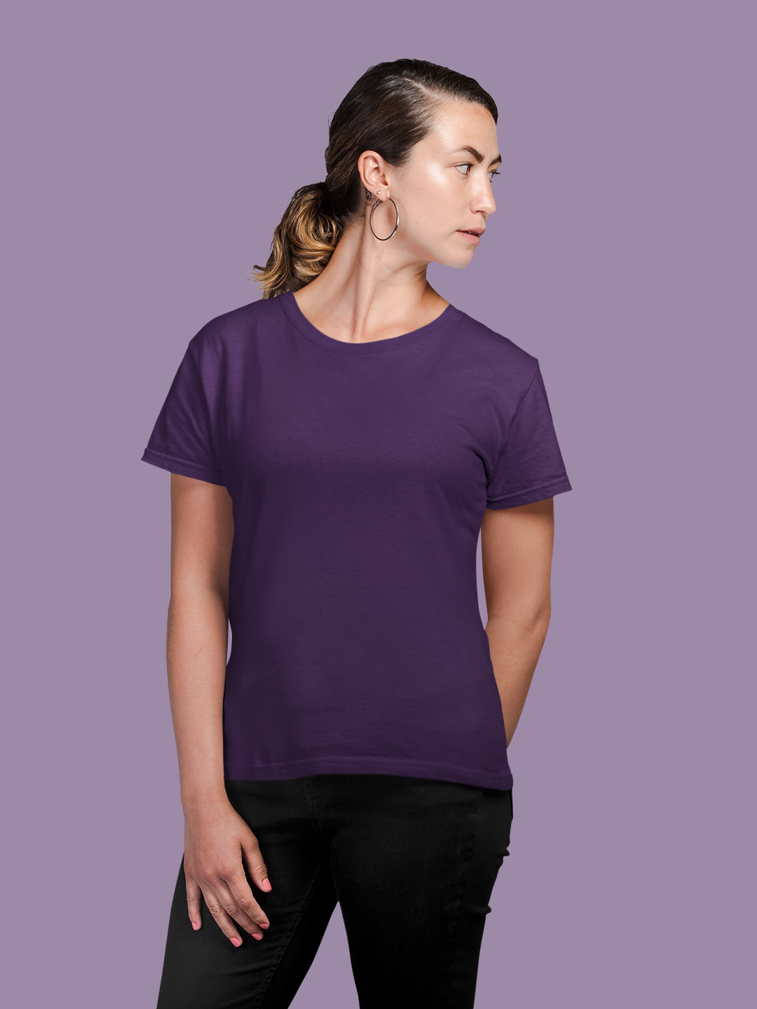 Purple Women's Round Neck Half Sleeves Plain T-shirt -