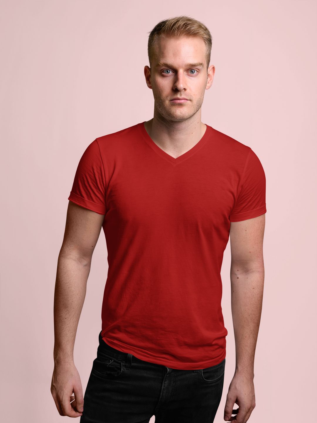 Red Men’s V-Neck Half Sleeves Plain T-shirt -