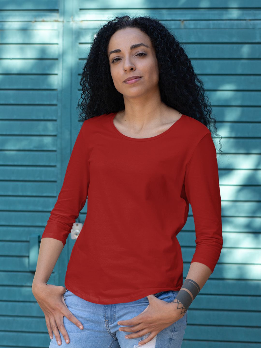 Red Women's 3/4th Sleeves Plain T-Shirt -