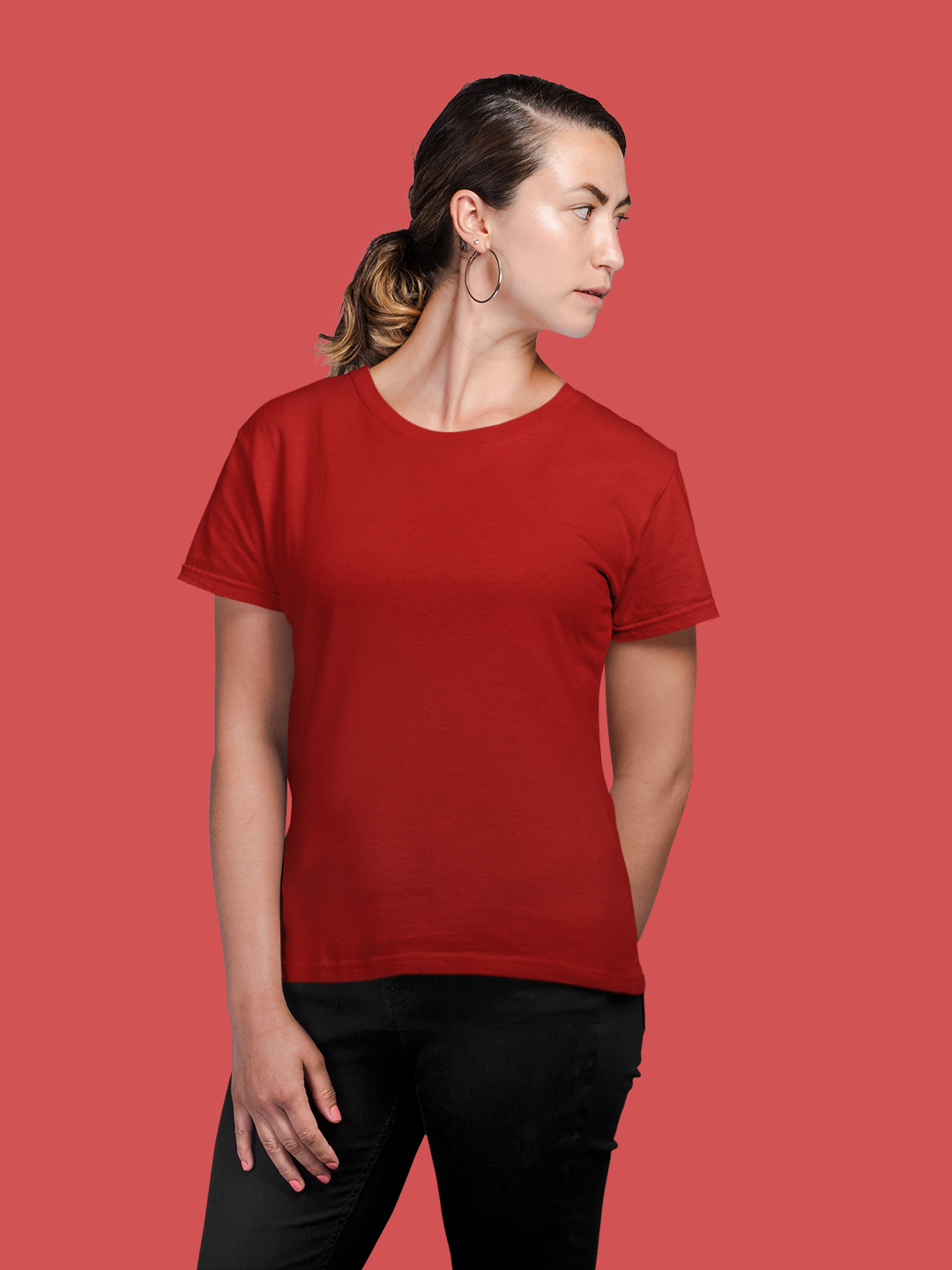 Red Women's Round Neck Half Sleeves Plain T-shirt -