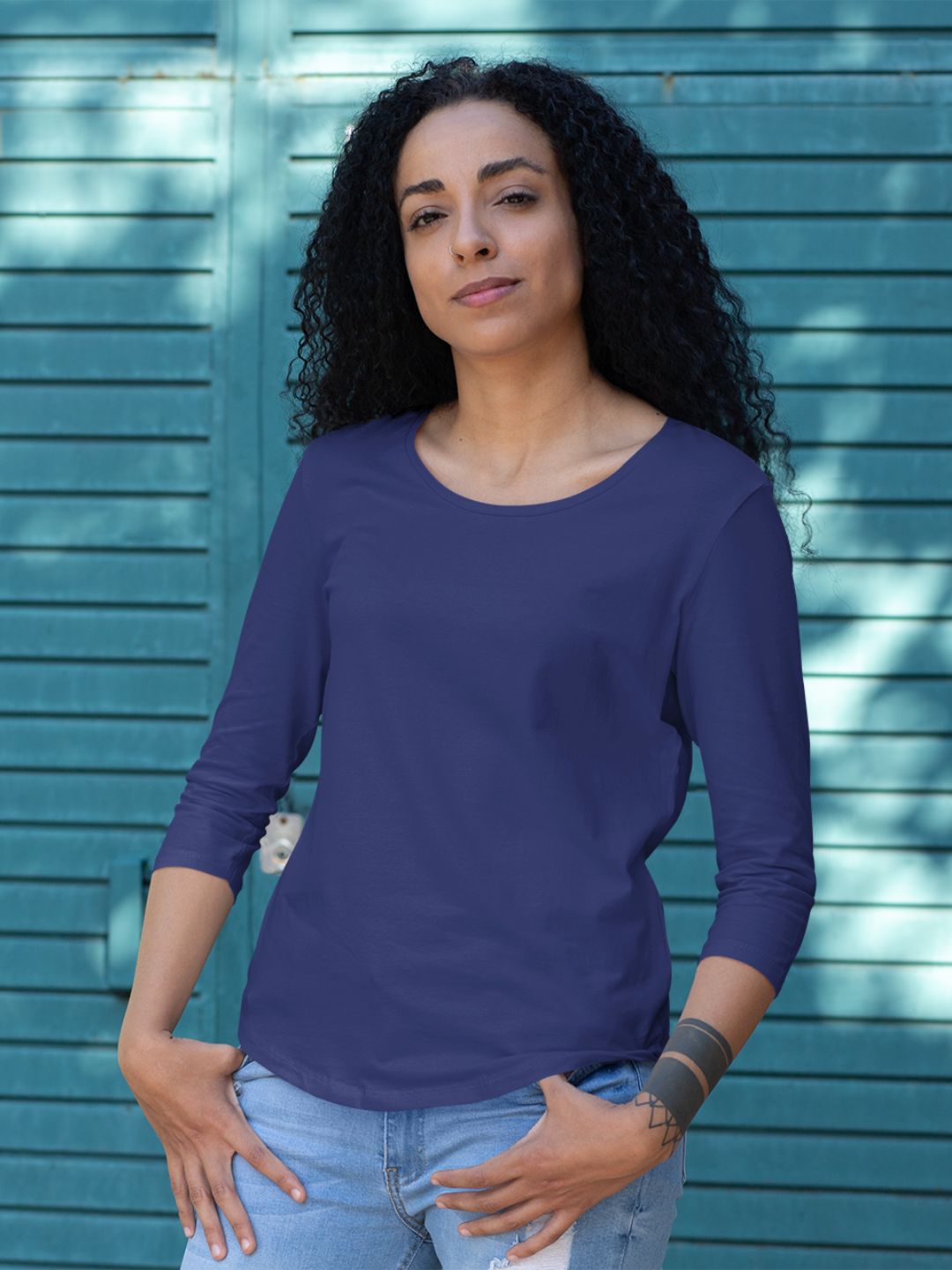 Royal Blue Women's 3/4th Sleeves Plain T-Shirt -
