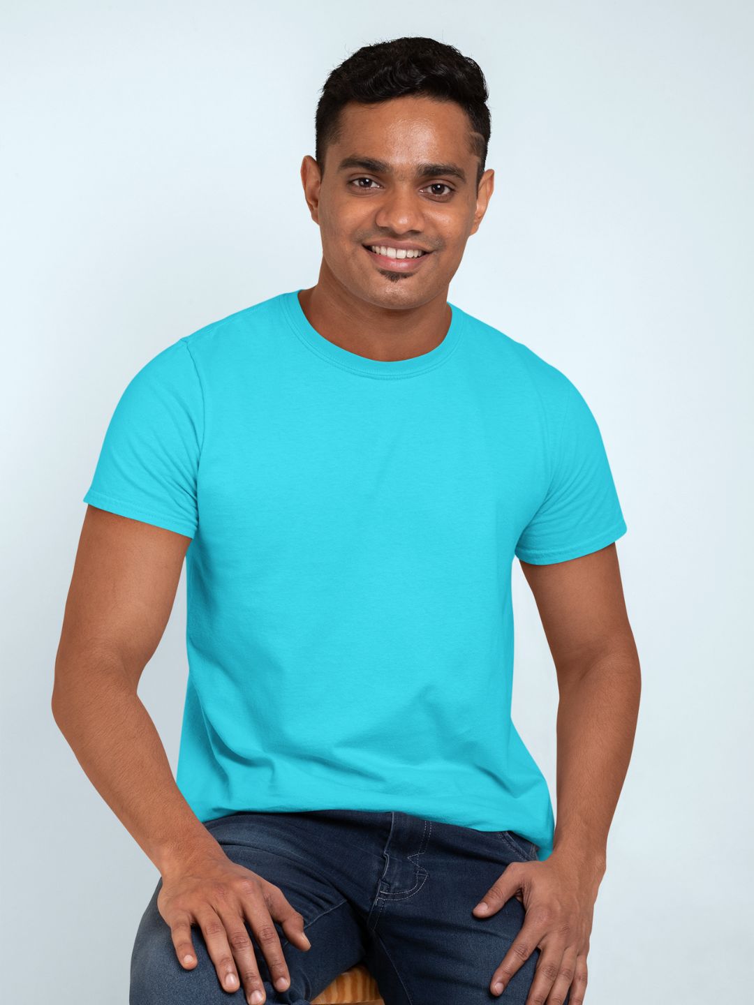 Sky Blue Men's Round Neck Half Sleeves Plain T-shirt -