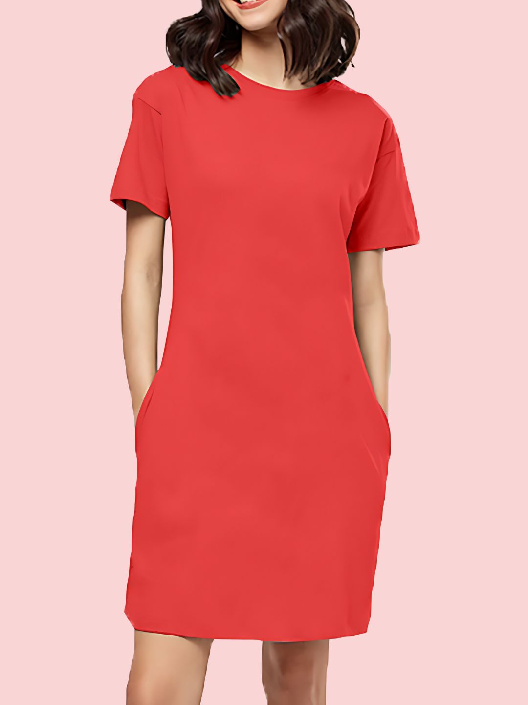 Women's Red Plain T-shirt Dress -