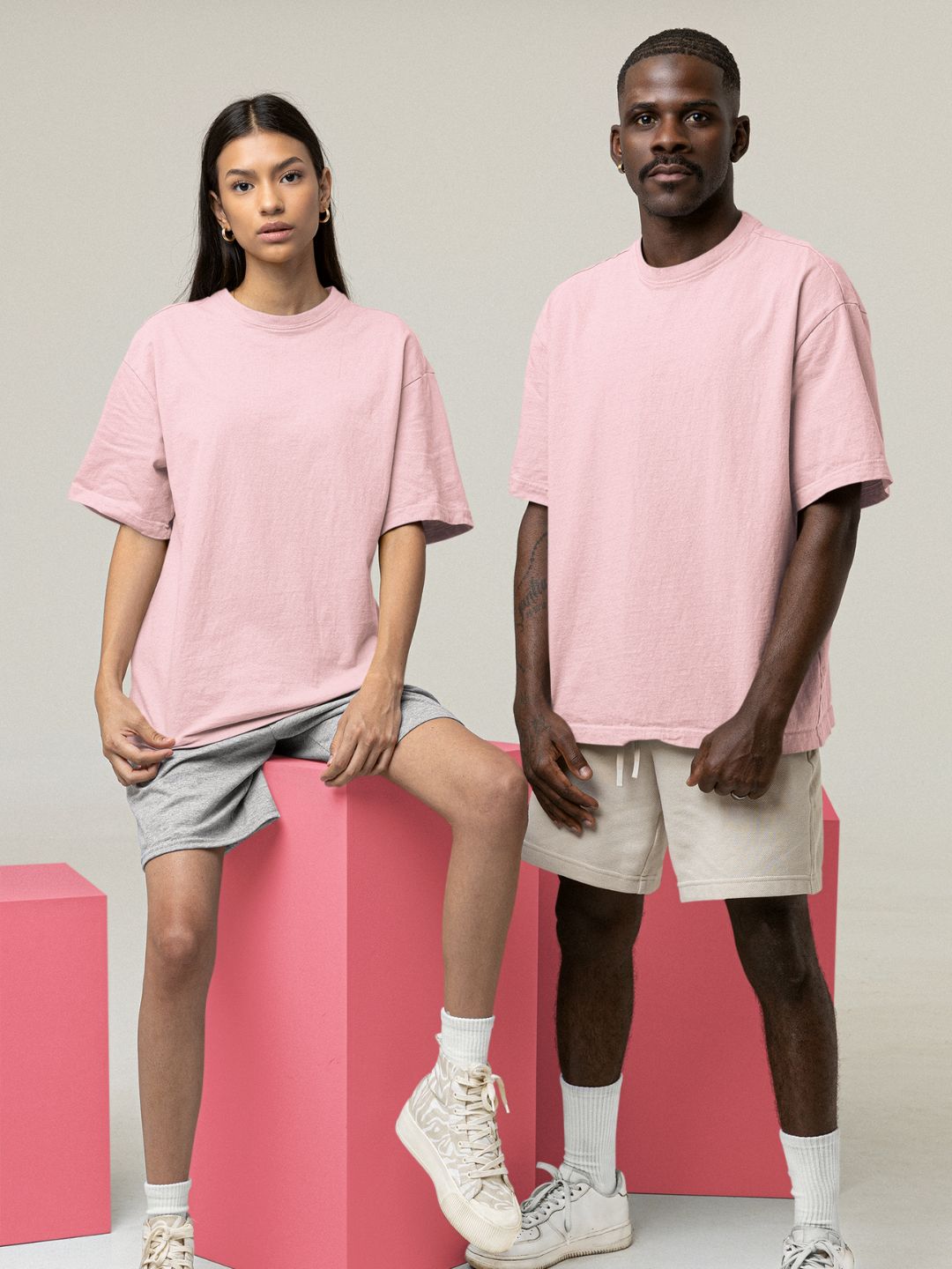 Light Pink Unisex Oversized Plain T-Shirt - 