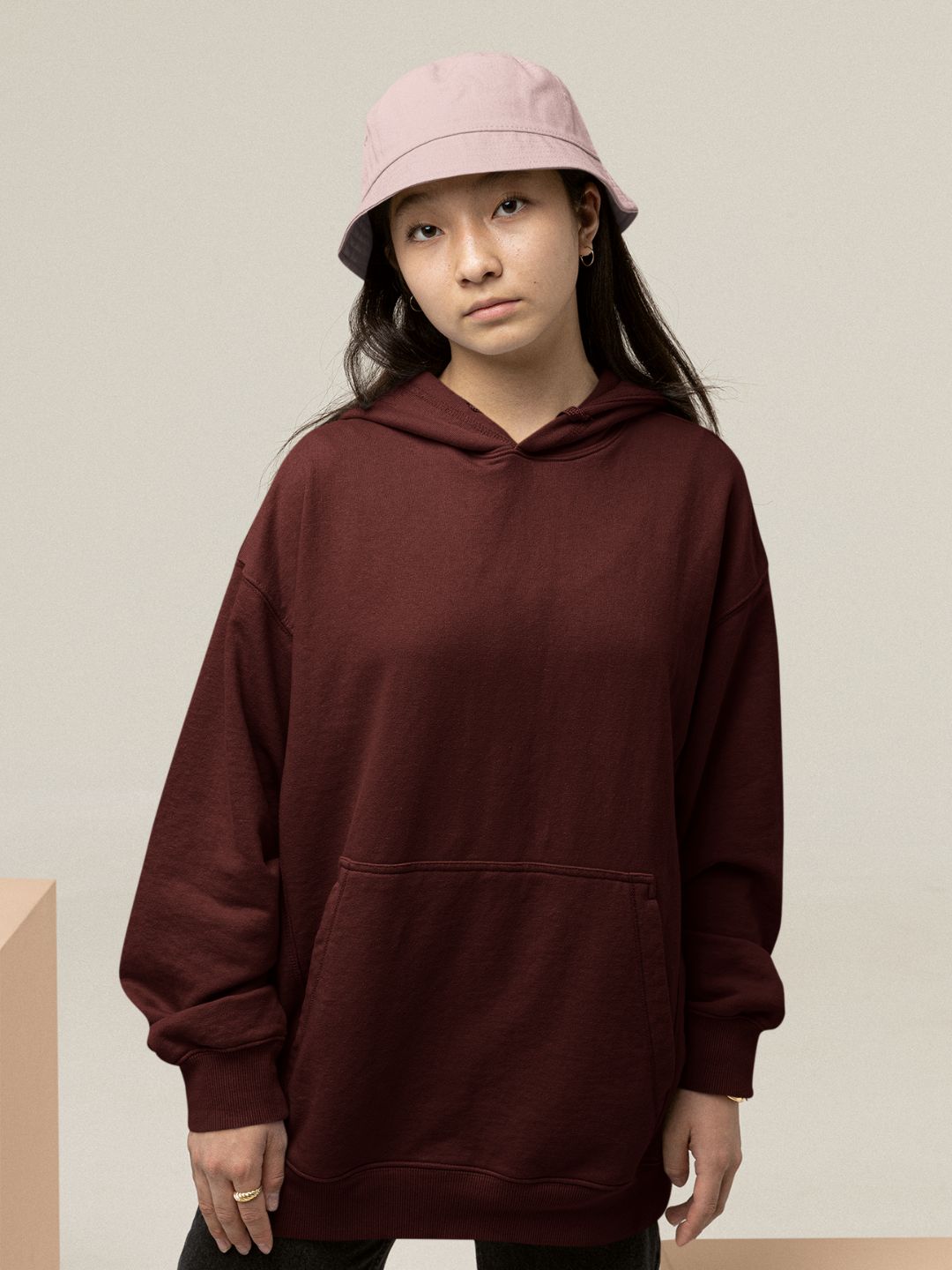 Maroon Unisex Plain Oversized Hooded Sweatshirt
