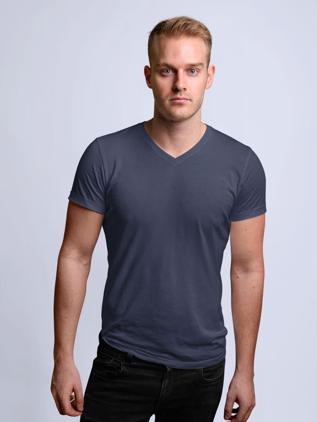 Navy Blue Men’s V-Neck Half Sleeves Plain T-shirt - 